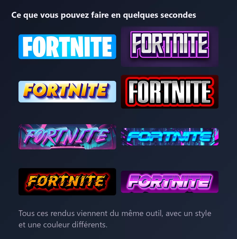 Huit versions du mot Fortnite en lettrage de jeu : capitales condensées blanches sur bleu, argenté à contour violet, dégradé orange sur bleu pâle, blanc sur une lueur rouge, rose synthwave, néon cyan sur une ville, éclairs orange sur noir, et violet sur une ligne de montagnes