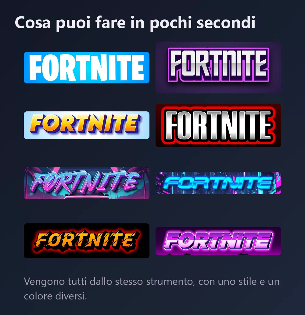 Otto versioni della parola Fortnite in lettering da videogioco: maiuscole strette bianche su blu, argento con contorno viola, sfumatura arancione su azzurro, bianco su un bagliore rosso, rosa synthwave, neon ciano su una città, fulmini arancioni su nero, e viola su un profilo di montagne