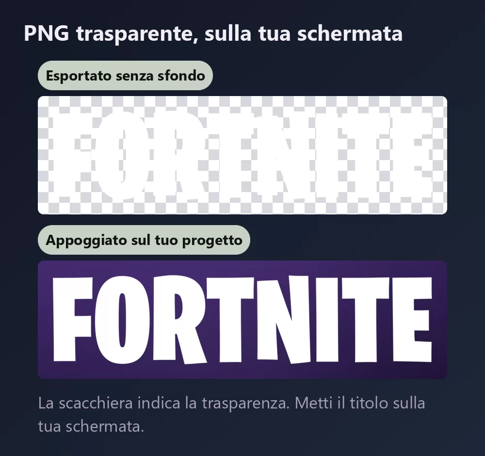 Lo stesso lettering mostrato due volte, prima su una scacchiera che indica lo sfondo trasparente, poi appoggiato su uno sfondo viola profondo