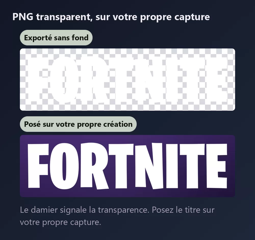 Le même lettrage montré deux fois, d'abord sur un damier signalant un fond transparent, puis posé sur un fond violet profond