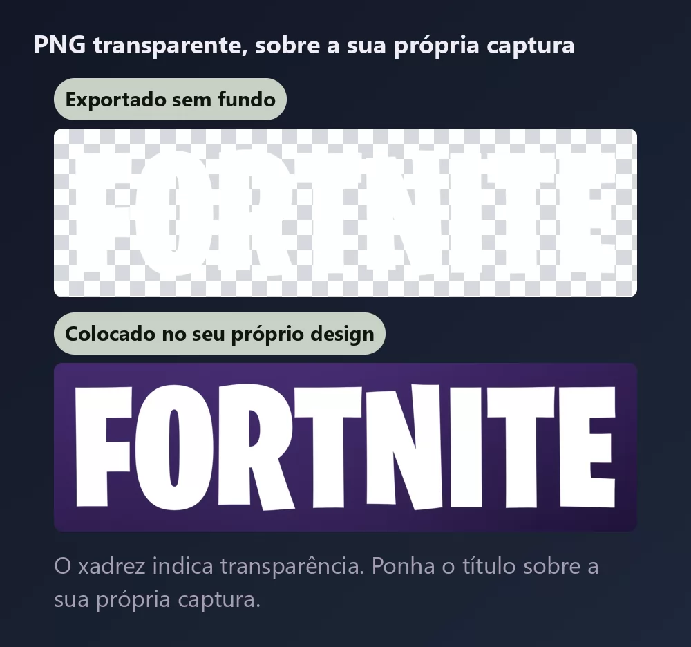 O mesmo letreiro mostrado duas vezes, primeiro sobre um xadrez que indica fundo transparente, depois apoiado num fundo roxo profundo
