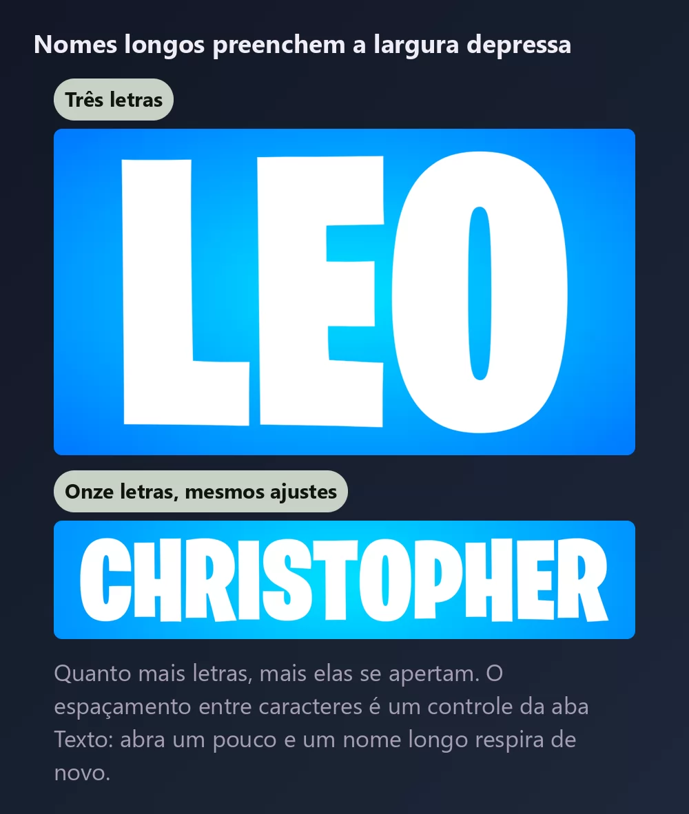 Um nome de três letras e outro de onze nas mesmas maiúsculas condensadas, o mais longo visivelmente mais apertado