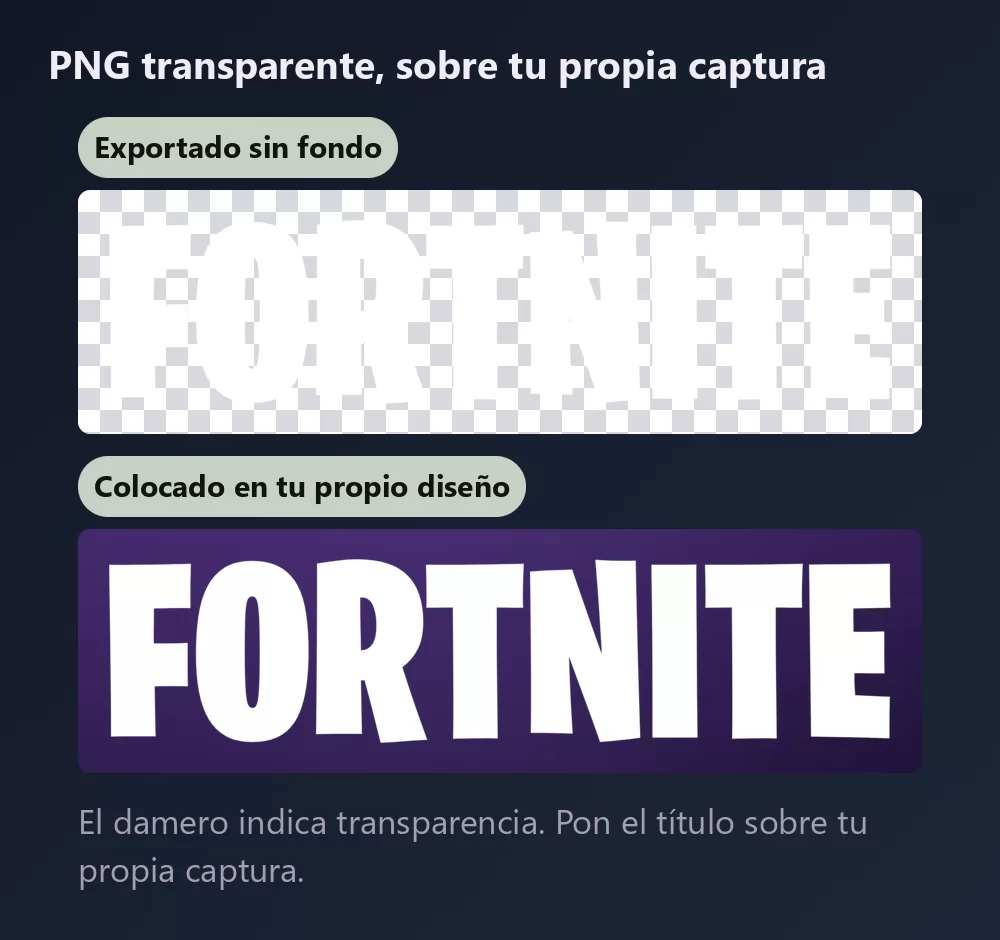 El mismo lettering mostrado dos veces, primero sobre un damero que indica fondo transparente y después colocado sobre un fondo morado profundo