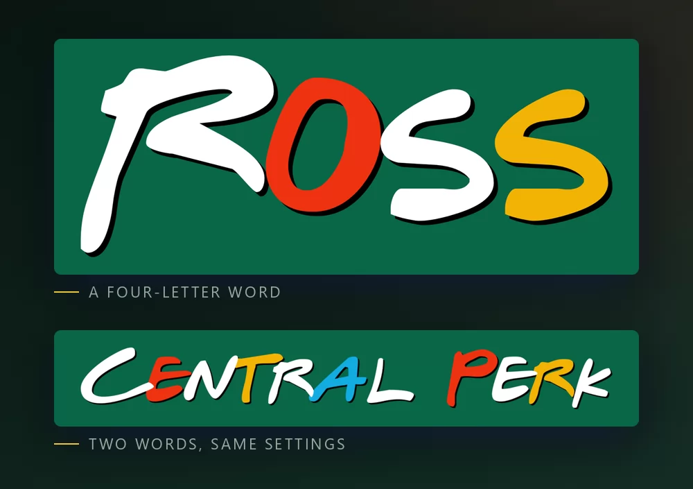 A four-letter name and a two-word phrase in the same Friends lettering, the longer one visibly smaller and tighter