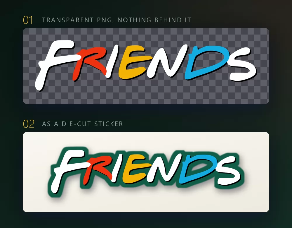 The lettering shown twice: first on a dark checkerboard standing for a transparent background, then as a die-cut sticker with a green border on a cream surface