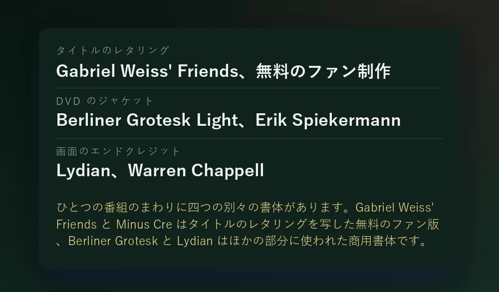 三行を並べたカード：タイトルのレタリングとして無料のファン制作 Gabriel Weiss' Friends、DVD のジャケットは Erik Spiekermann の Berliner Grotesk Light、エンドクレジットは Warren Chappell の Lydian