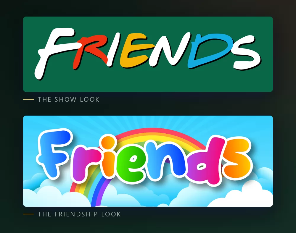 The same word twice: first in the show's white and coloured hand-drawn lettering on green, then in rainbow letters on a bright sky background