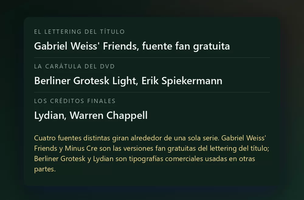 Una tarjeta con tres líneas: el lettering del título como Gabriel Weiss' Friends, fuente fan gratuita; la carátula del DVD en Berliner Grotesk Light de Erik Spiekermann; y los créditos finales en Lydian de Warren Chappell