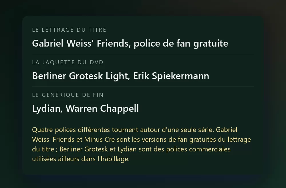 Une carte qui liste trois lignes : le lettrage du titre en Gabriel Weiss' Friends, police de fan gratuite ; la jaquette du DVD en Berliner Grotesk Light d'Erik Spiekermann ; et le générique de fin en Lydian de Warren Chappell