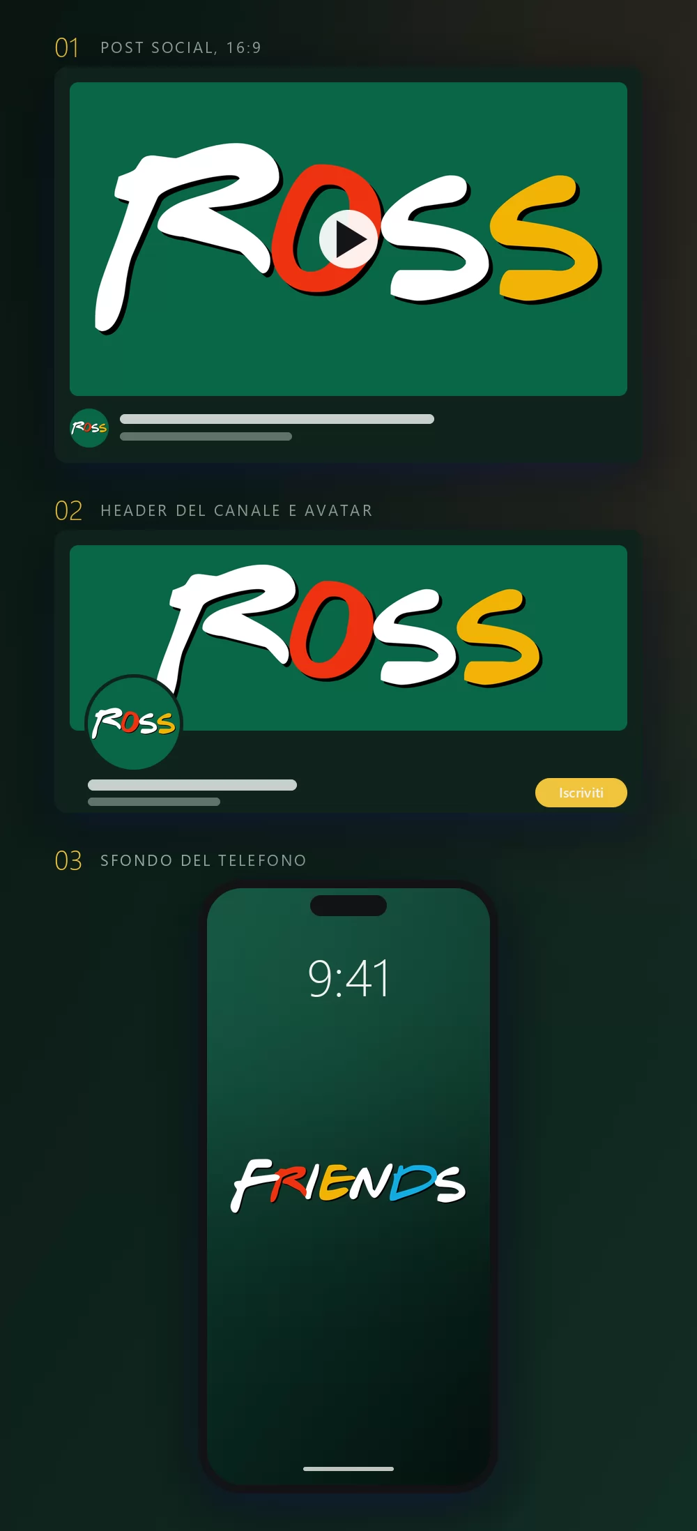 Lo stesso nome in tre mockup: un post social con il pulsante di riproduzione, un header di canale con avatar rotondo e pulsante di iscrizione, e uno sfondo per la schermata di blocco del telefono