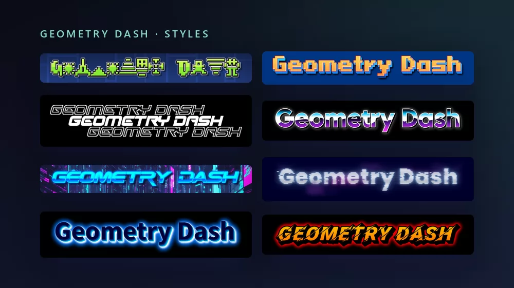 Eight versions of the words Geometry Dash in game lettering: green pixel letters built from level icons on a blue grid, orange pixel letters on blue, a repeated white outline on black, purple and white arcade letters, cyan neon over a city, a glitched retro neon, blue glowing letters, and red and orange gamer letters on black
