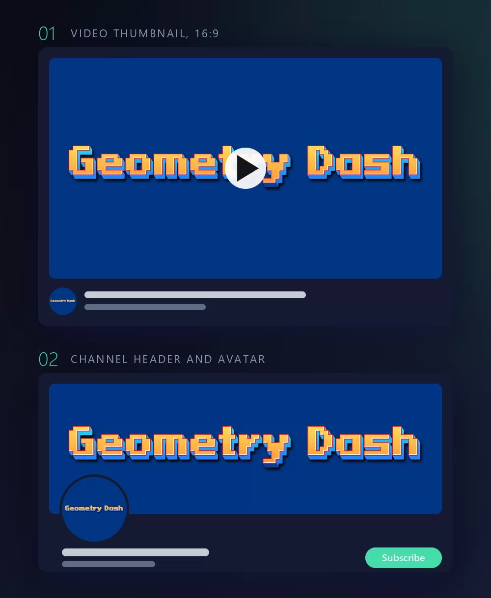 The same pixel lettering shown in two mock-ups: as a video thumbnail with a play button, a round avatar and title bars under it, then as a channel header with the round avatar sitting on the edge of the banner and a subscribe button