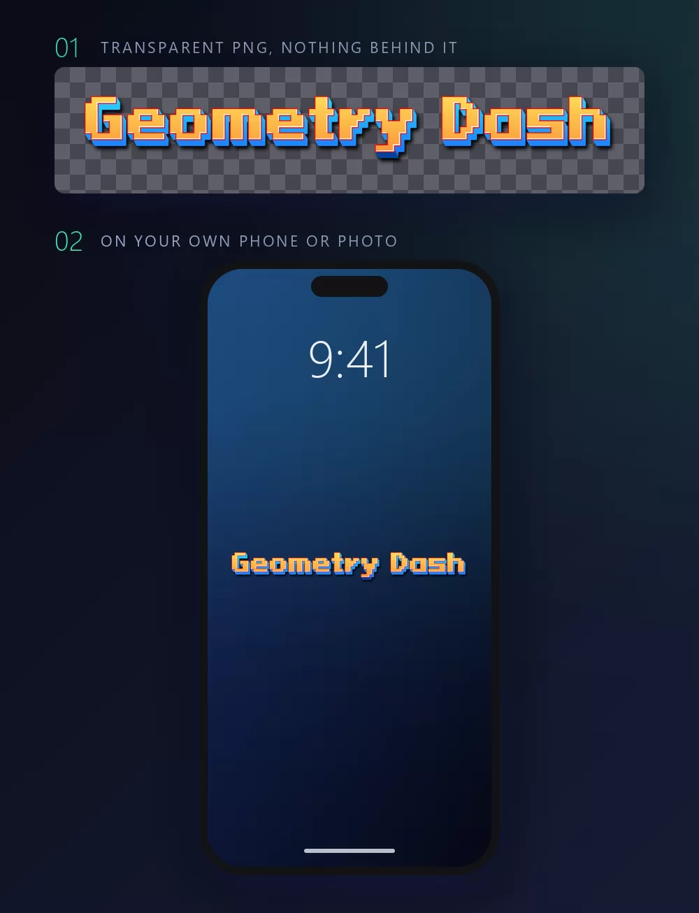 The same pixel lettering shown twice: first over a dark checkerboard meaning a transparent background, then as the wallpaper of a phone lock screen on a dark blue gradient