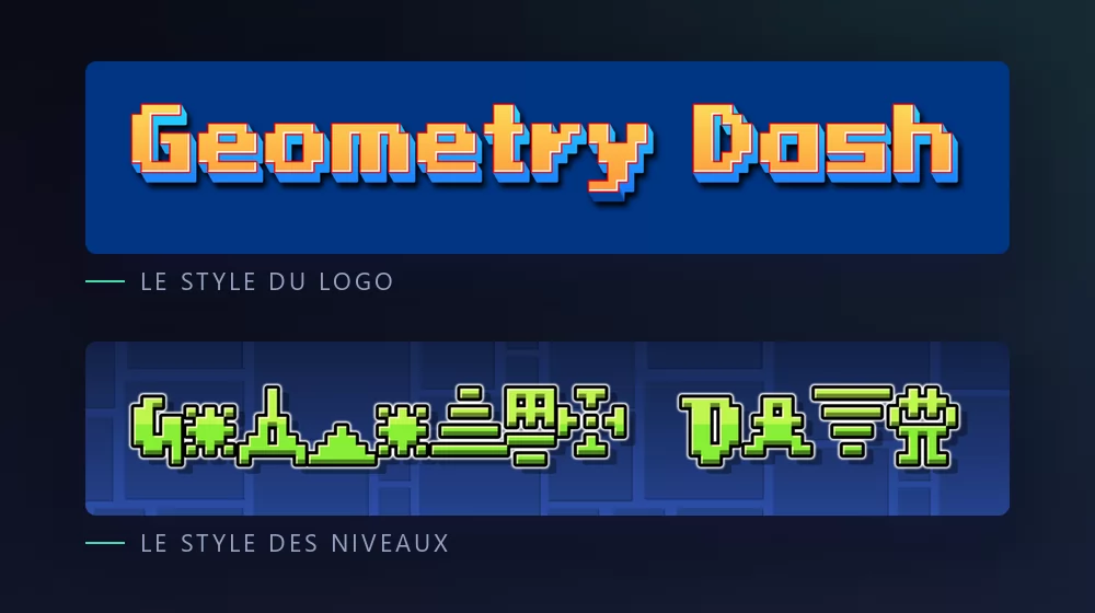 Les mêmes mots montrés deux fois : d'abord en lettres pixel orange à contour sombre sur bleu, puis construits avec des icônes de niveau vertes sur la grille bleue de l'éditeur
