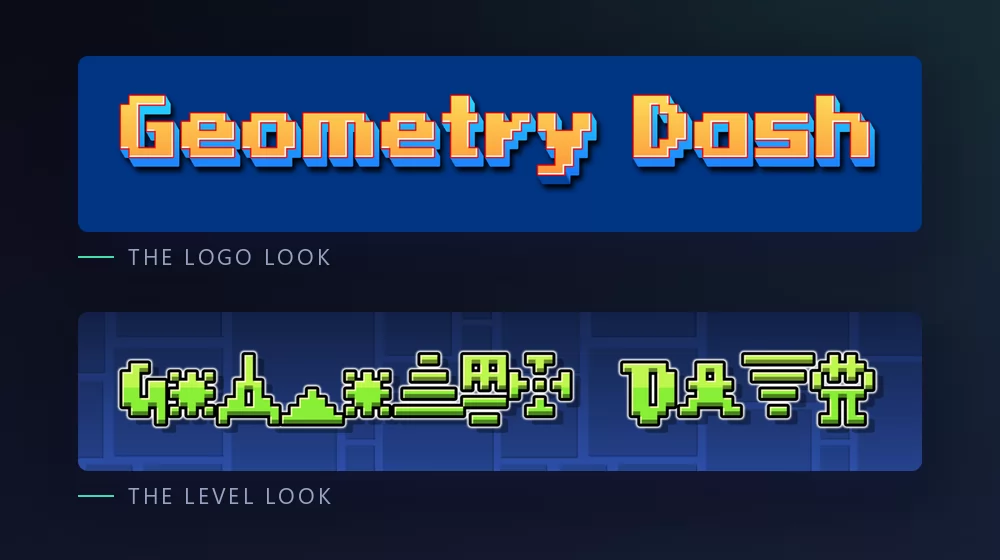 The same words shown twice: first in orange pixel letters with a dark outline on blue, then built from green level icons on the blue grid of the editor