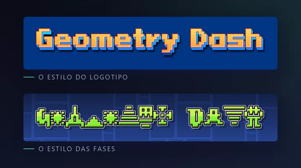 As mesmas palavras mostradas duas vezes: primeiro em letras pixel laranja com contorno escuro sobre azul, depois construídas com ícones de fase verdes sobre a grade azul do editor