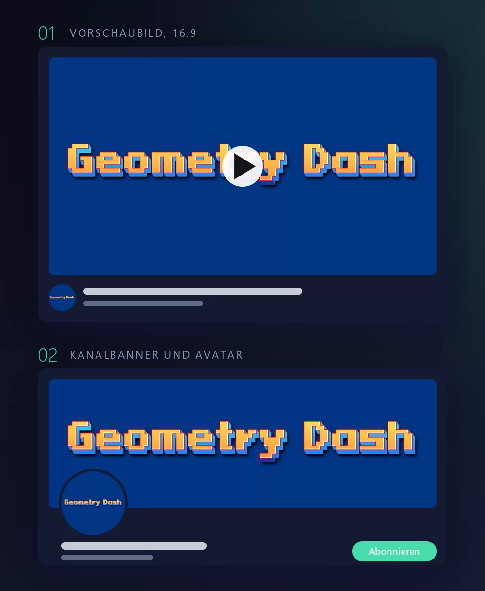 Derselbe Pixelschriftzug in zwei Mock-ups: als Videovorschaubild mit Abspieltaste, rundem Avatar und Titelbalken darunter, dann als Kanalbanner mit dem runden Avatar auf der Bannerkante und einem Abonnieren-Button