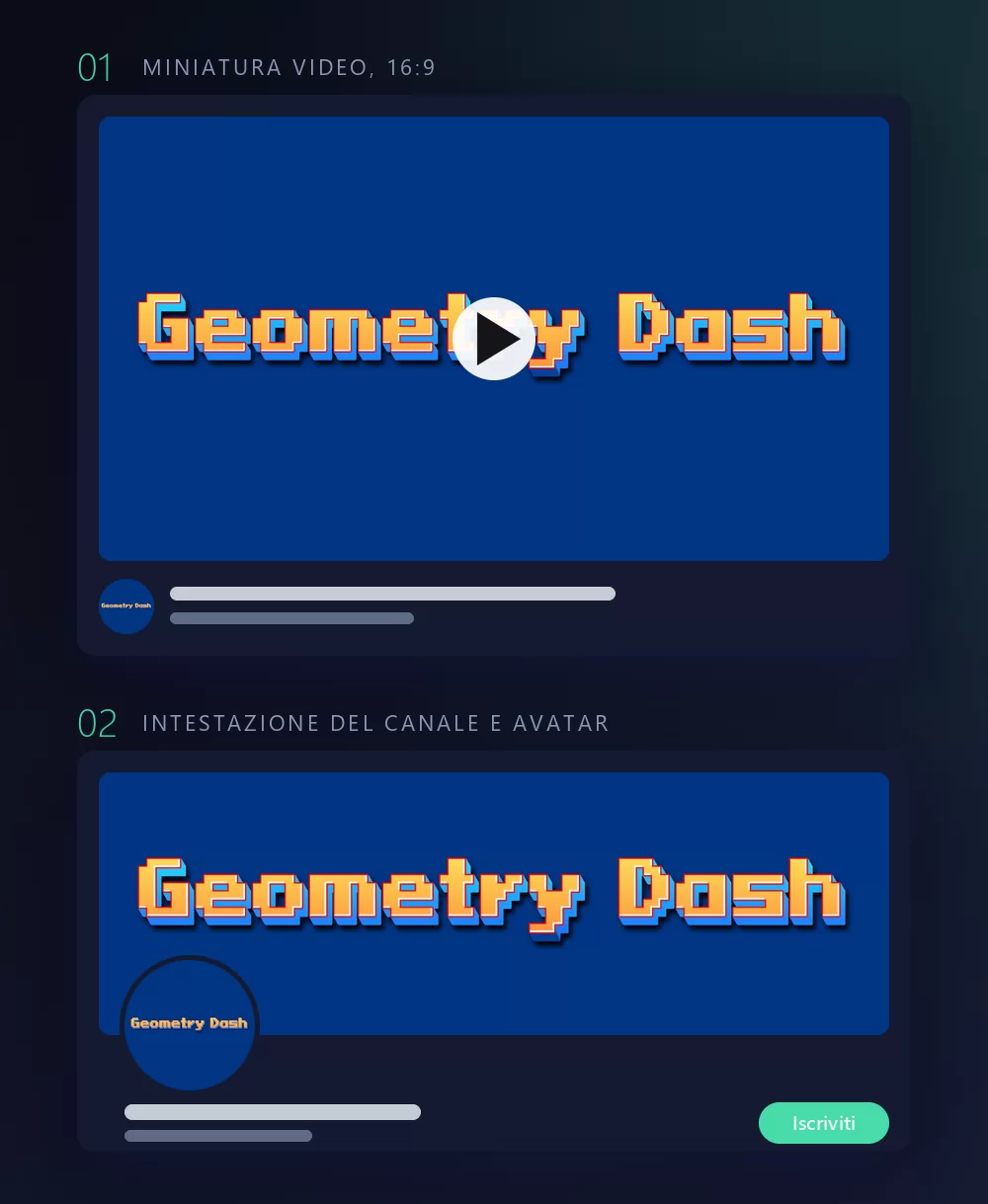 Lo stesso lettering pixel in due simulazioni: come miniatura video con un pulsante di riproduzione, un avatar rotondo e barre del titolo sotto, poi come intestazione di canale con l'avatar rotondo appoggiato sul bordo del banner e un pulsante di iscrizione
