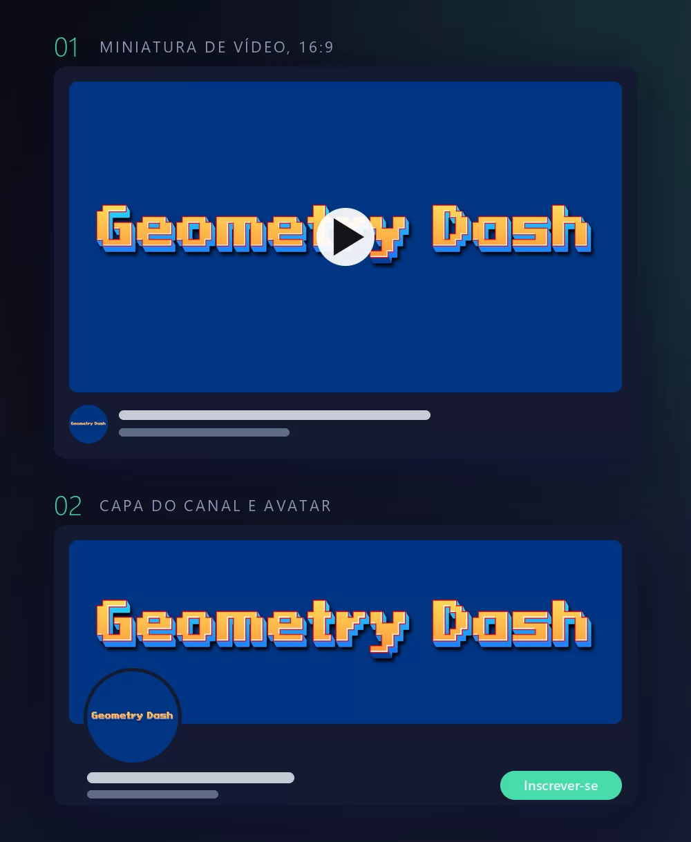 O mesmo letreiro pixel em duas simulações: como miniatura de vídeo com um botão de play, um avatar redondo e barras de título embaixo, depois como capa de canal com o avatar redondo apoiado na borda do banner e um botão de inscrição