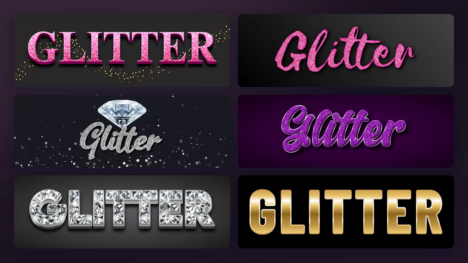 The word Glitter in six sparkling lettering styles: a pink glitter serif, a pink glitter brush script, silver glitter with a diamond, a purple glitter script, faceted gemstone letters and a smooth gold shine