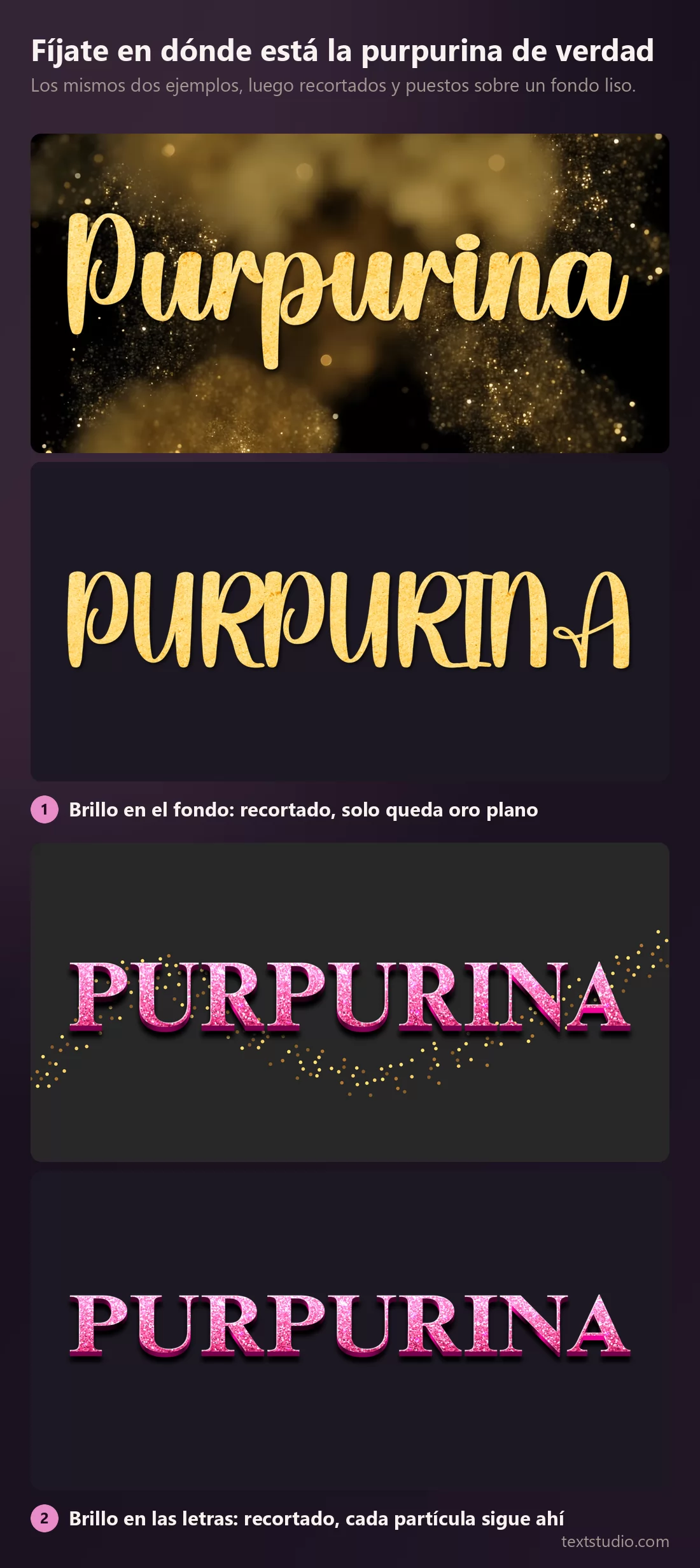 Dos ejemplos con purpurina y esos mismos dos recortados sobre un fondo liso: el dorado pierde todo el brillo y se queda plano, el rosa conserva entera su textura de partículas