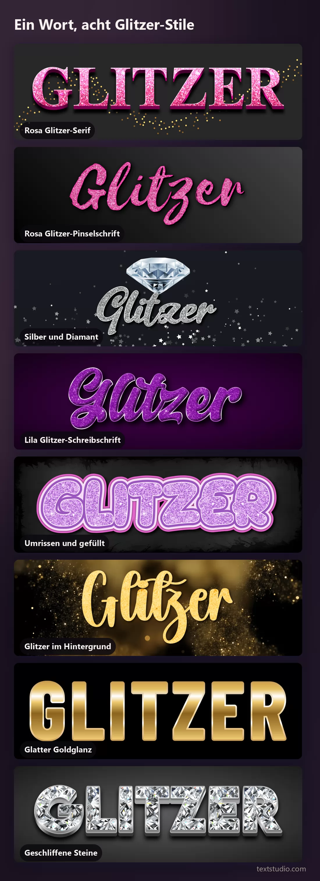 Dasselbe Wort in acht Glitzer- und Metall-Lettering-Stilen zum Vergleich untereinander, von der rosa Glitzer-Serif über Silber und Lila bis zu glattem Goldglanz und geschliffenen Edelsteinen
