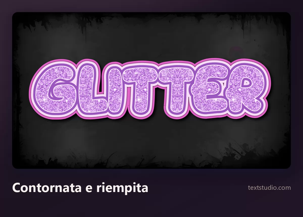 La parola Glitter in lettere tonde a bolla contornate e riempite di grana scintillante viola, con il contorno spesso che le separa nettamente