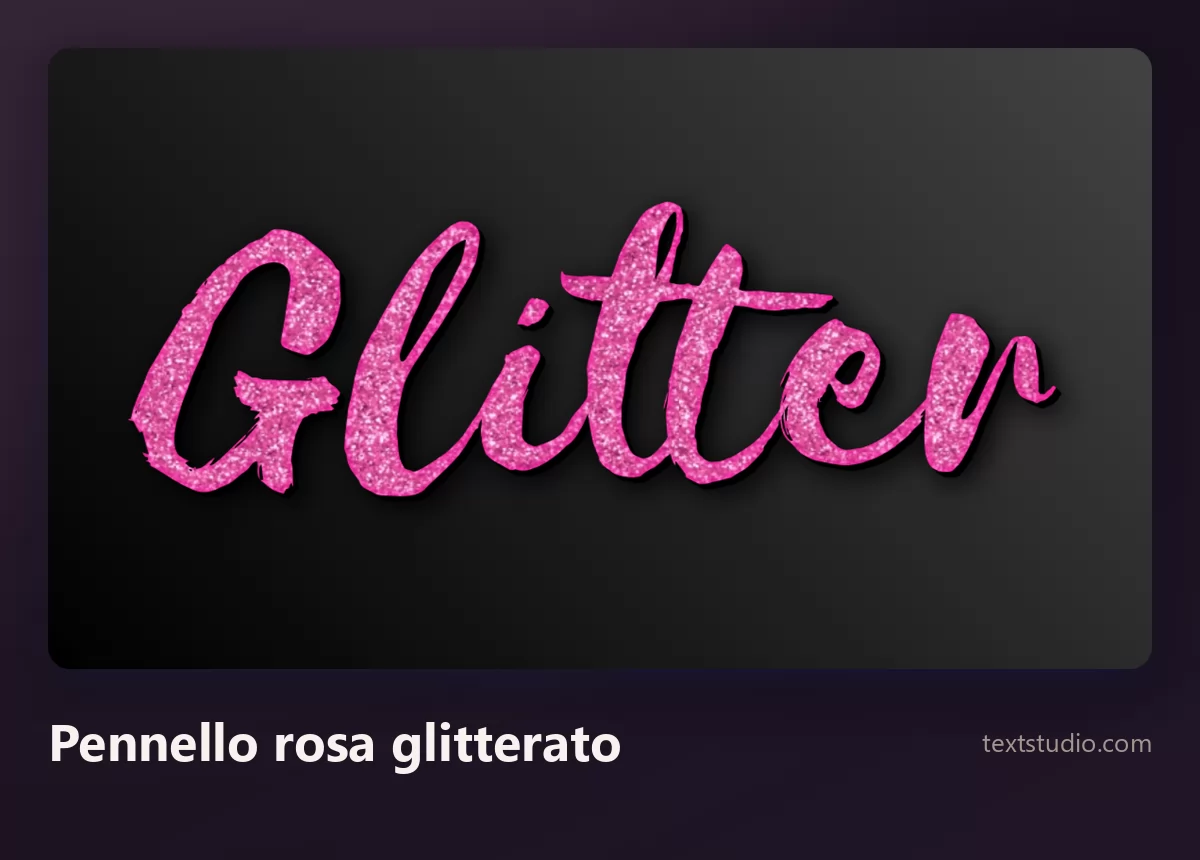 La parola Glitter in un corsivo a pennello rosa glitterato, con tratti spessi e irregolari riempiti di grana scintillante