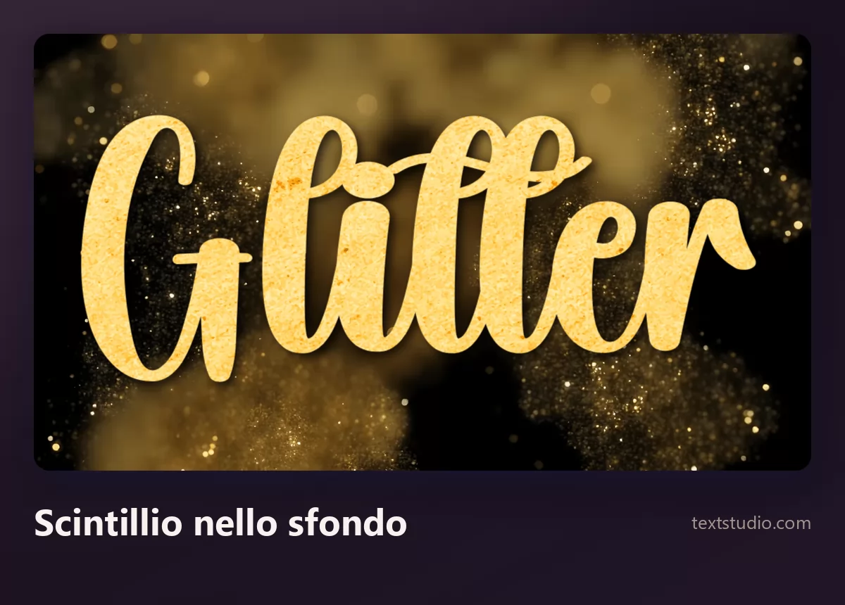 La parola Glitter in un lettering a pennello dorato e liscio, posato su uno sfondo scuro pieno di nuvole di polvere d'oro scintillante
