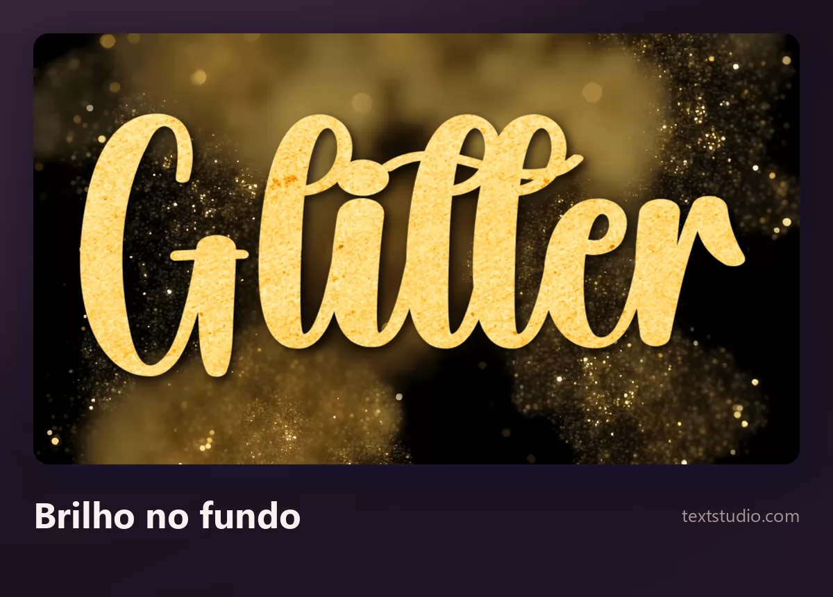 A palavra Glitter num lettering de pincel dourado e liso, sobre fundo escuro cheio de nuvens de pó dourado brilhante