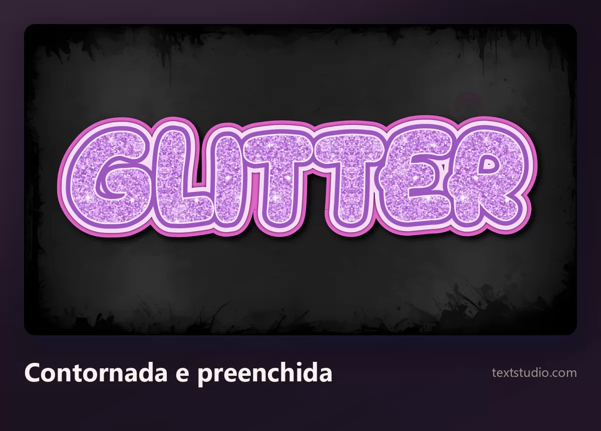 A palavra Glitter em letras de bolha redondas e contornadas, preenchidas de granulado roxo brilhante, com o contorno pesado separando bem cada uma
