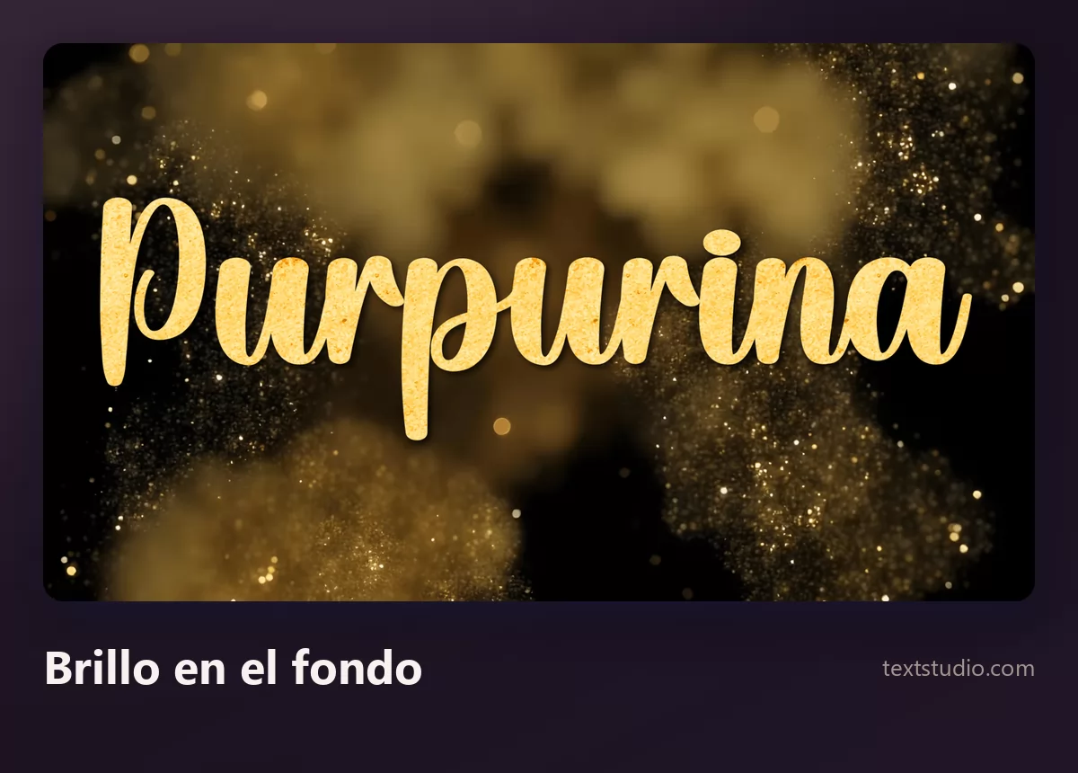 La palabra Purpurina en un lettering dorado liso de pincel sobre un fondo oscuro lleno de nubes de polvo dorado brillante