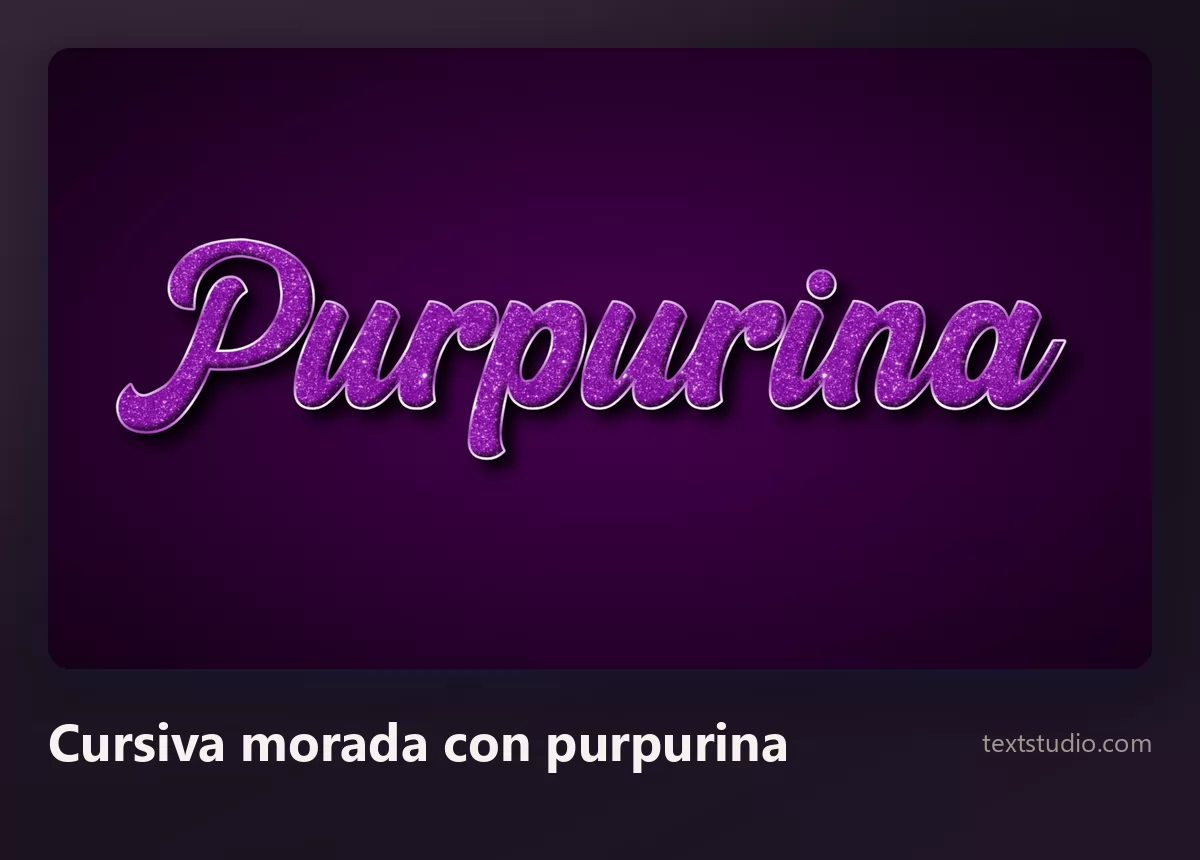 La palabra Purpurina en una cursiva morada fluida con purpurina y un contorno más claro sobre un fondo morado oscuro