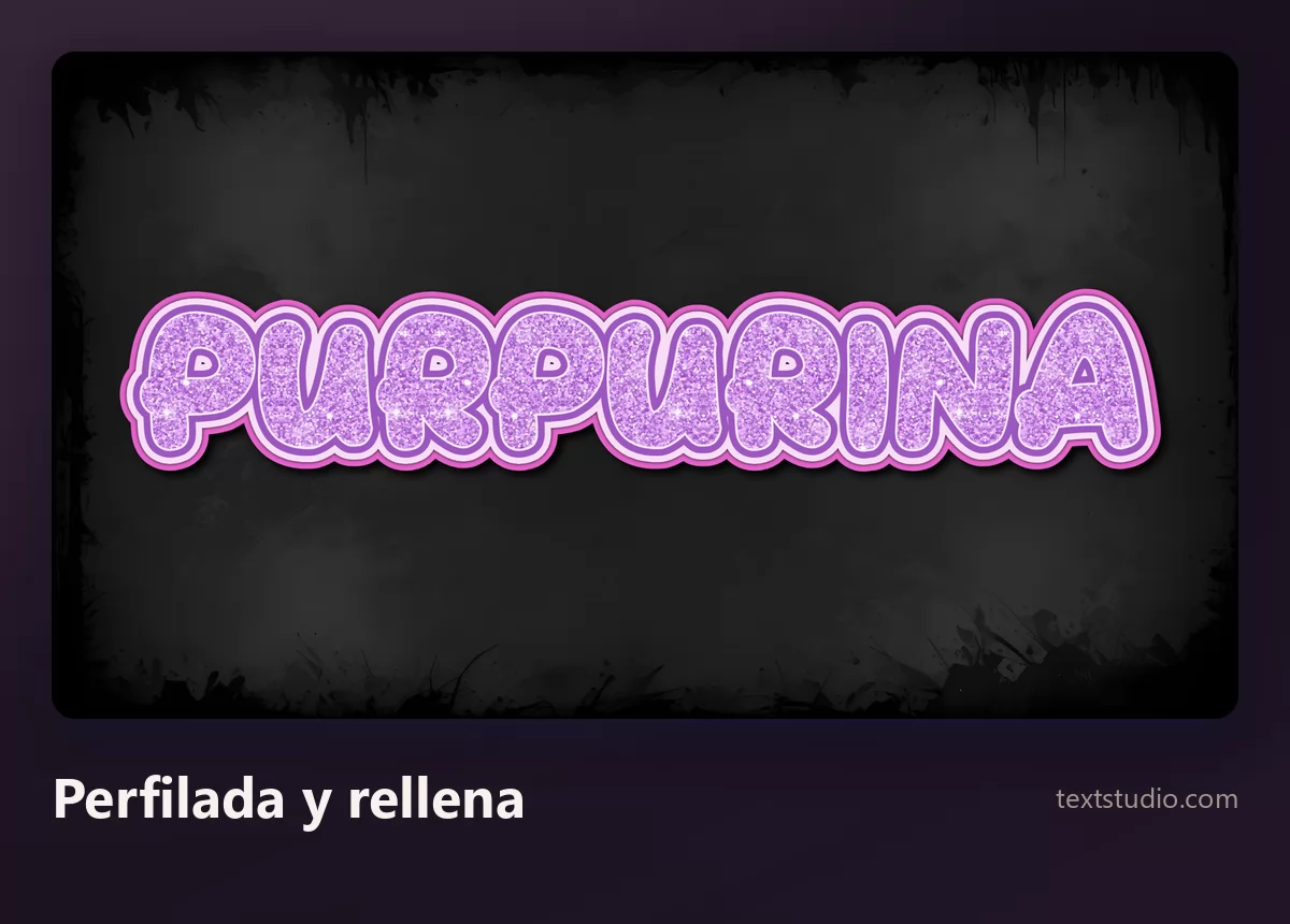 La palabra Purpurina en letras burbuja redondas y perfiladas rellenas de grano morado brillante, con el contorno grueso separándolas con claridad