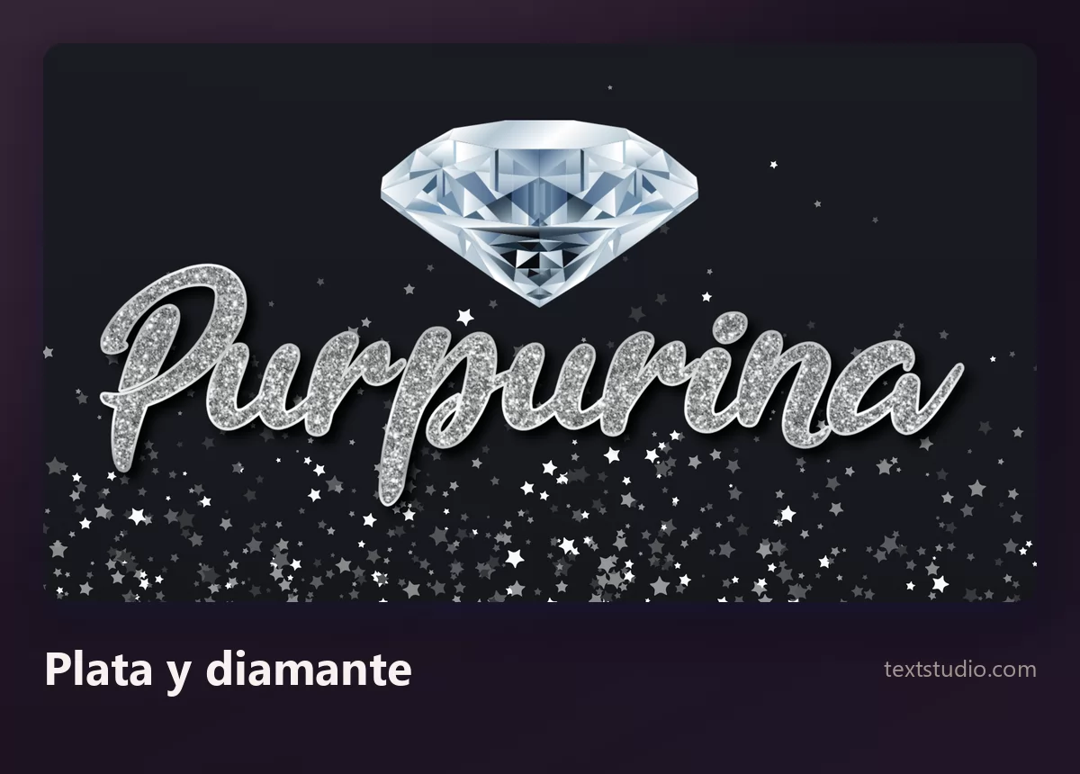 La palabra Purpurina en letras plateadas con purpurina, con un diamante tallado encima de la palabra y estrellas pequeñas repartidas sobre un fondo oscuro