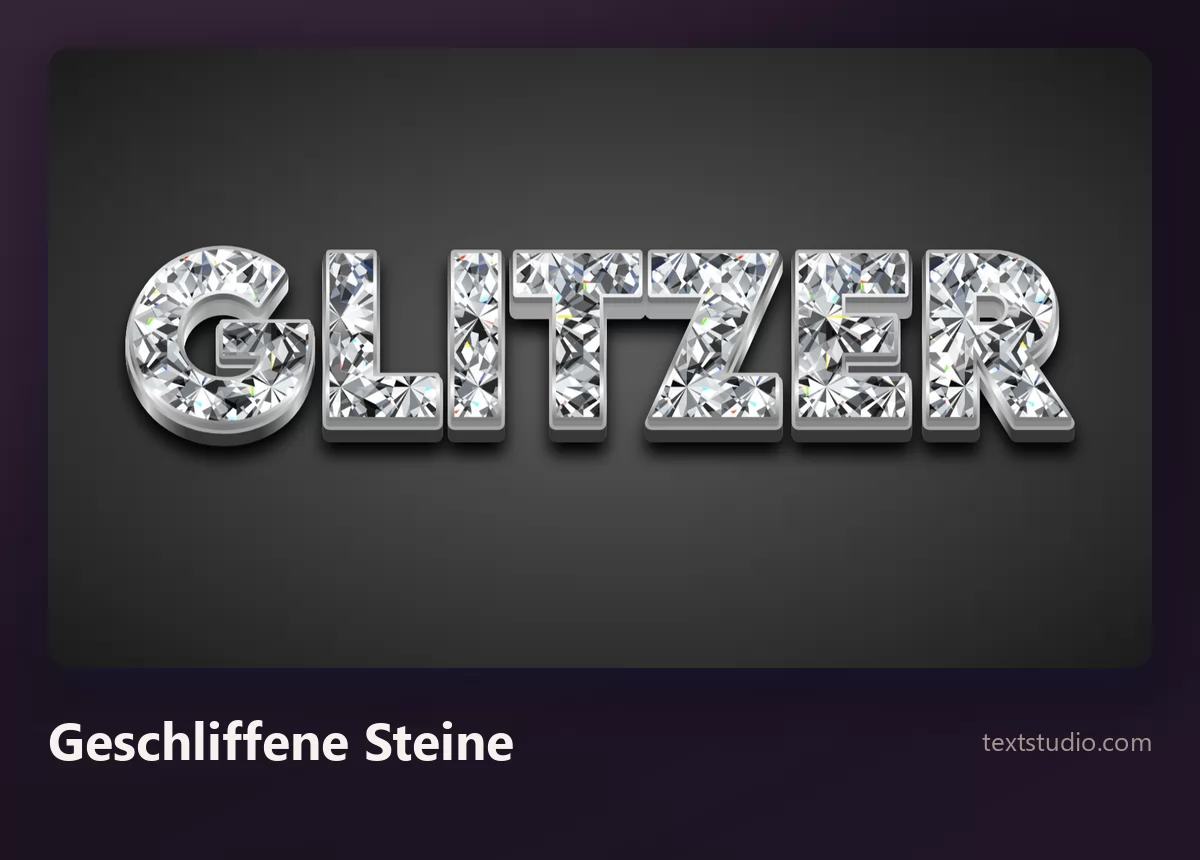 Das Wort Glitzer in Buchstaben, die aus facettierten geschliffenen Edelsteinen mit harten Kanten und hellen weißen Glanzlichtern gebaut sind