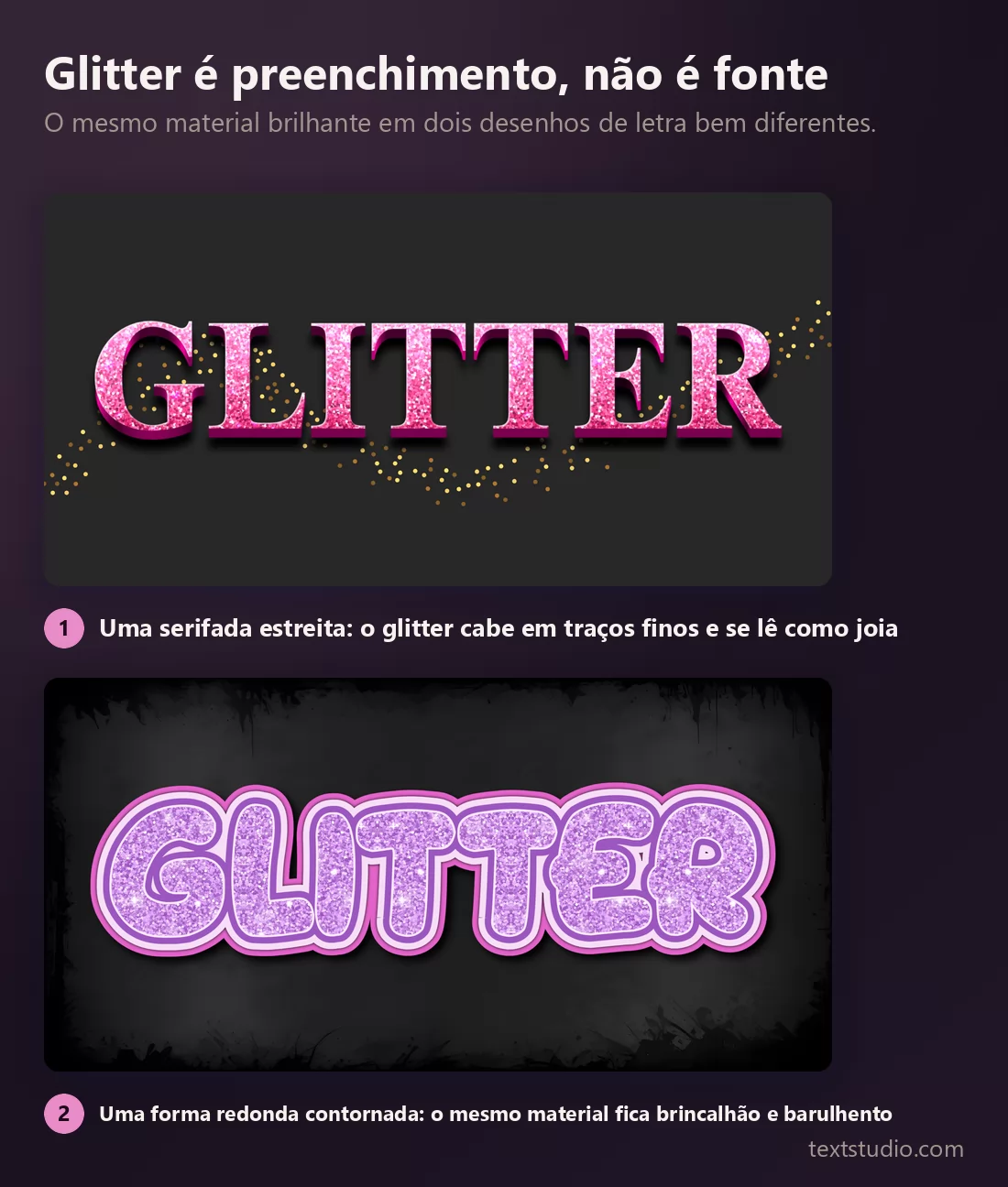 O mesmo material rosa com glitter em dois desenhos de letra diferentes: uma serifada estreita que se lê como joia, e uma forma de bolha redonda e contornada que se lê como brincadeira