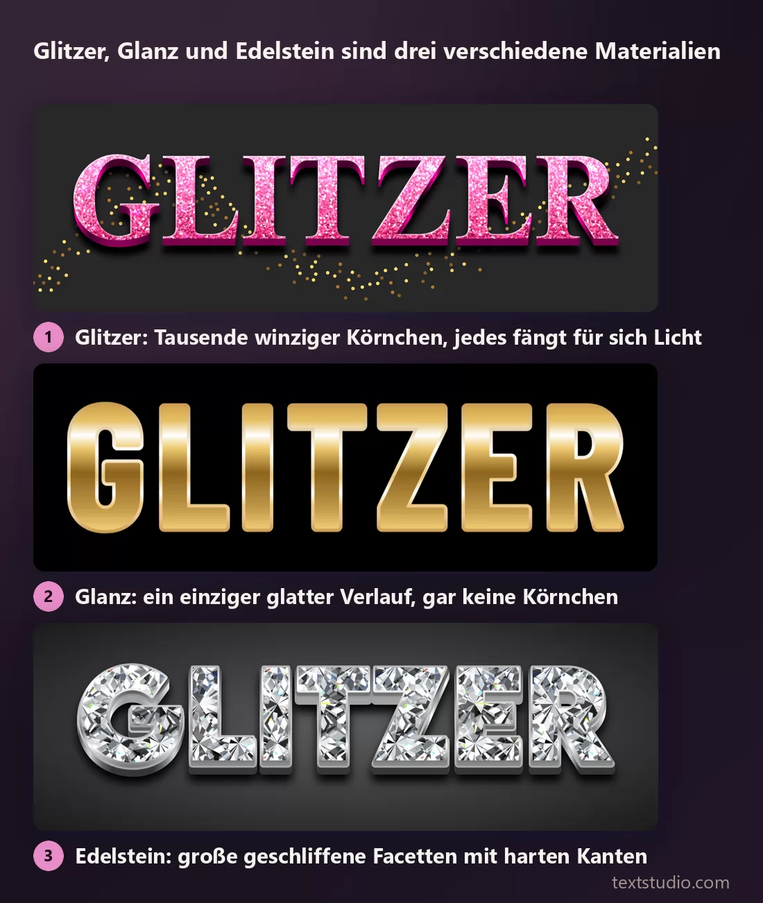 Drei goldene und silberne Lettering-Muster im Vergleich: körniger Glitzer aus winzigen Partikeln, ein glatter Goldverlauf ganz ohne Körnung und Buchstaben, geschliffen wie facettierte Edelsteine