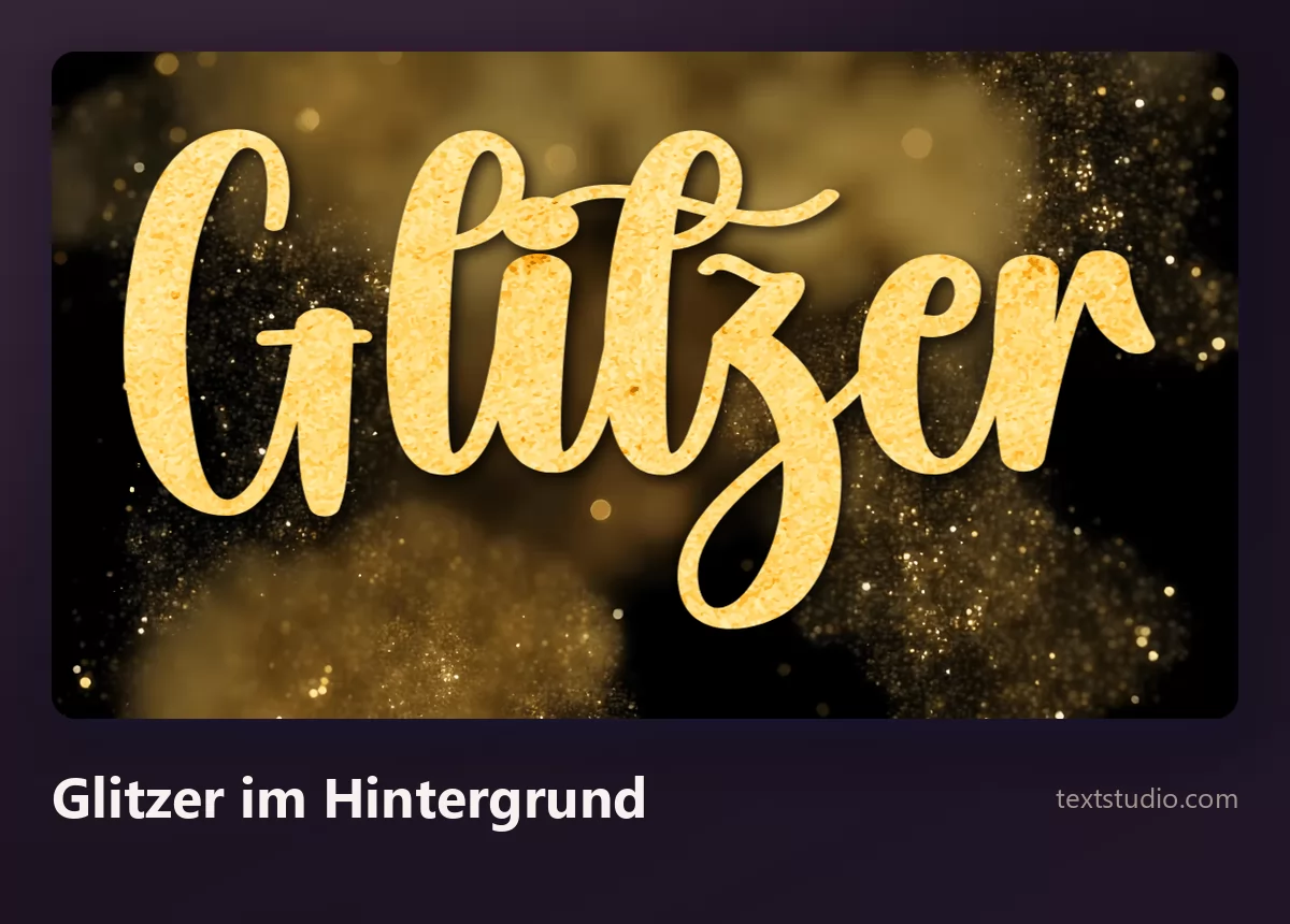 Das Wort Glitzer in glattem goldenem Pinsel-Lettering auf dunklem Grund voller Wolken aus goldenem funkelndem Staub