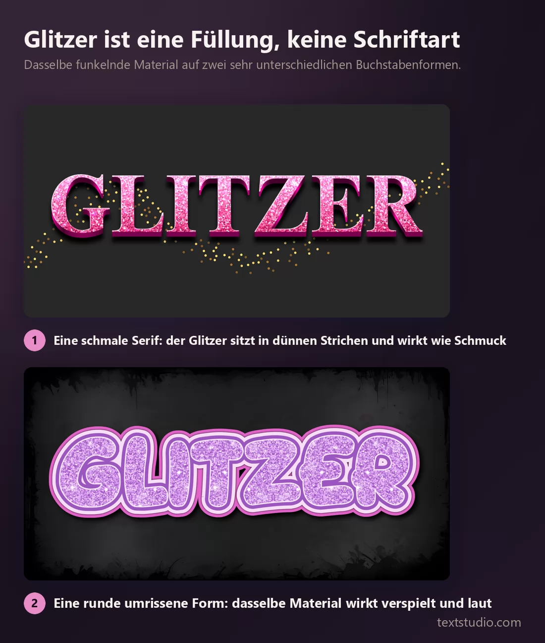 Dasselbe rosa Glitzermaterial auf zwei verschiedenen Buchstabenformen: eine schmale Serif, die wie Schmuck wirkt, und eine runde umrissene Bubble-Form, die verspielt wirkt