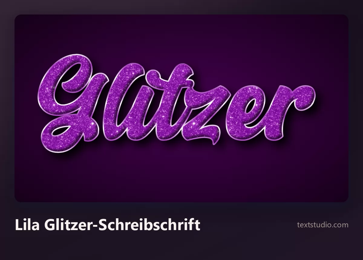 Das Wort Glitzer in einer fließenden lila Glitzer-Schreibschrift mit hellerer Kontur auf dunkelviolettem Grund