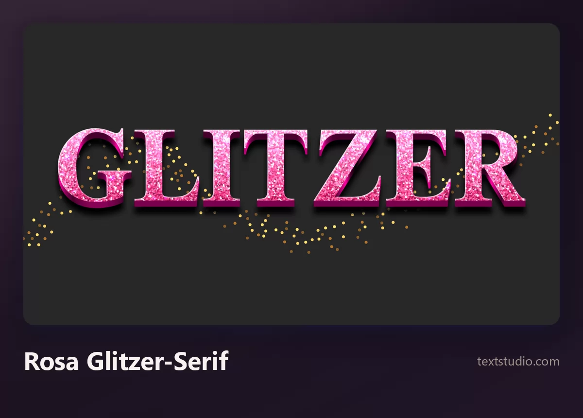 Das Wort Glitzer in einer schmalen rosa Glitzer-Serif mit dichter funkelnder Körnung in den Strichen und lose verstreuten goldenen Partikeln ringsum