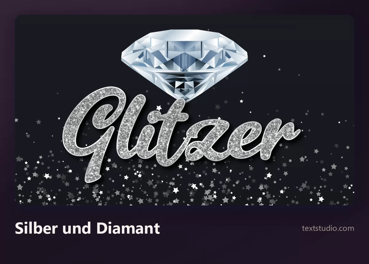 Das Wort Glitzer in silbernem Glitzer-Lettering mit einem geschliffenen Diamanten über dem Wort und kleinen Sternen auf dunklem Grund