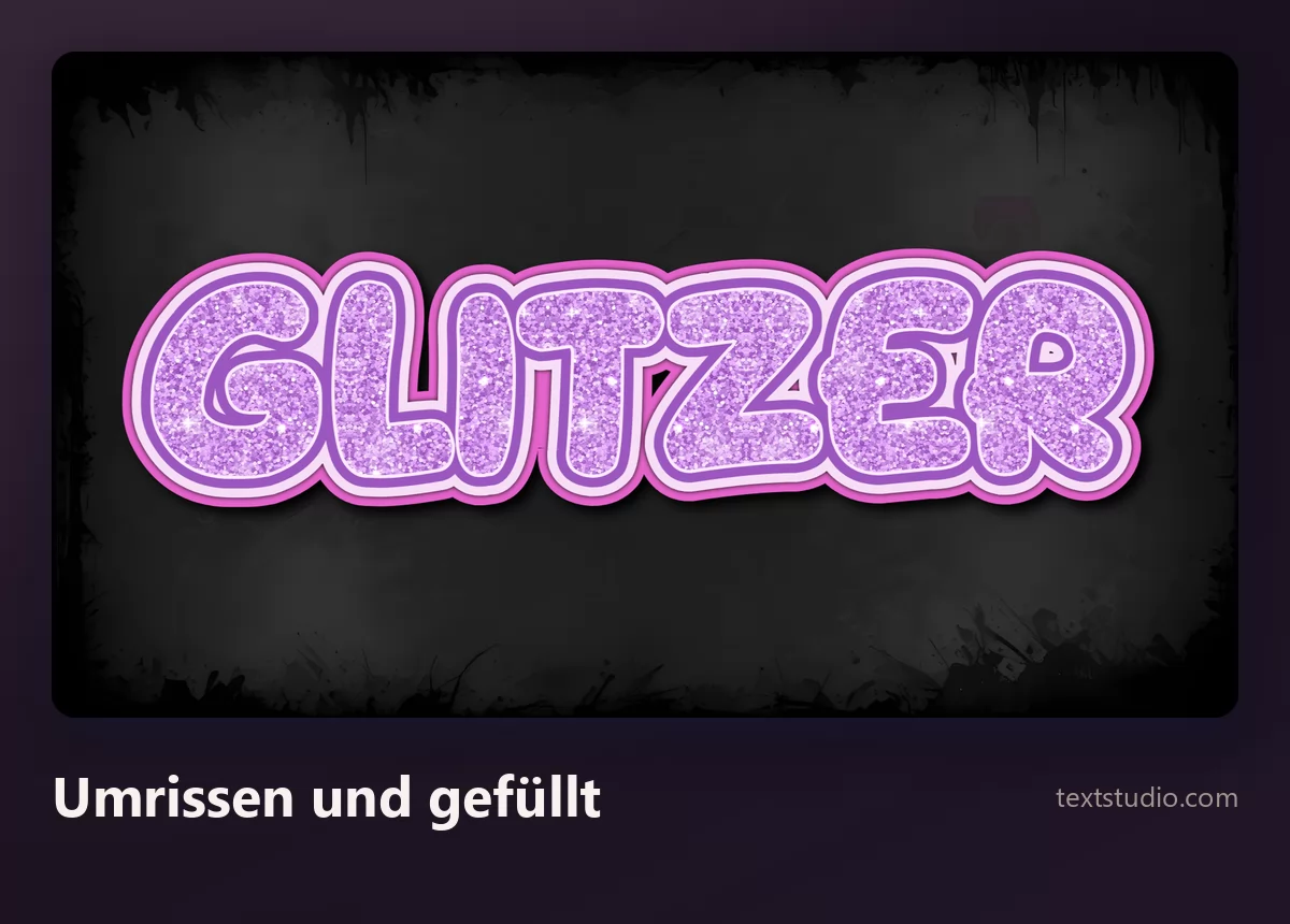 Das Wort Glitzer in runden, umrissenen Bubble-Buchstaben, gefüllt mit funkelnder lila Körnung, wobei die kräftige Kontur sie klar trennt