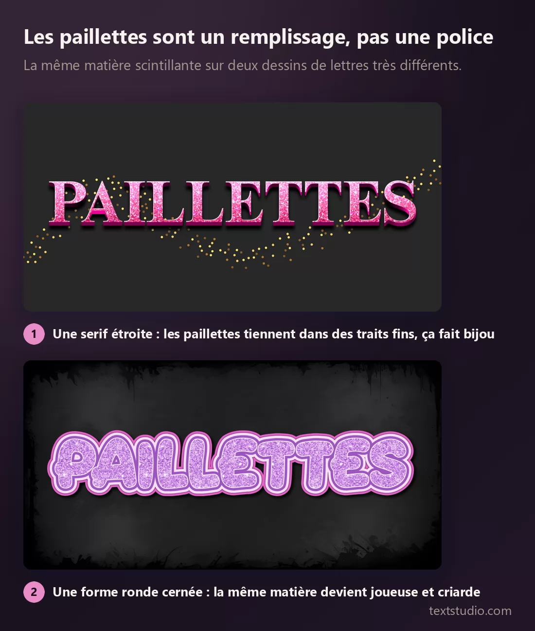 La même matière pailletée rose sur deux dessins de lettres différents : une serif étroite qui fait bijou, et une forme bulle ronde et cernée qui fait joueuse
