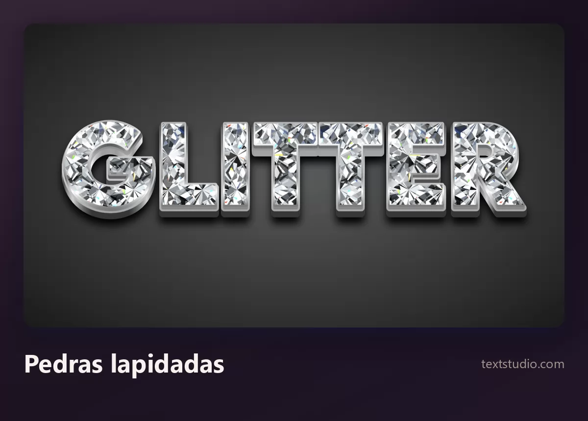 A palavra Glitter em letras construídas com pedras lapidadas e facetadas, de arestas duras e reflexos brancos vivos