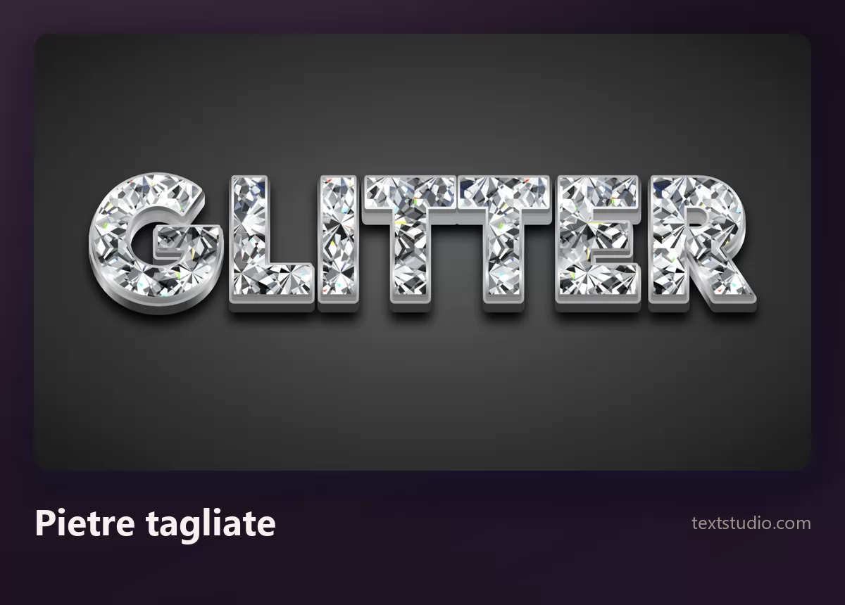 La parola Glitter in lettere costruite con pietre preziose tagliate e sfaccettate, dagli spigoli netti e con riflessi bianchi brillanti