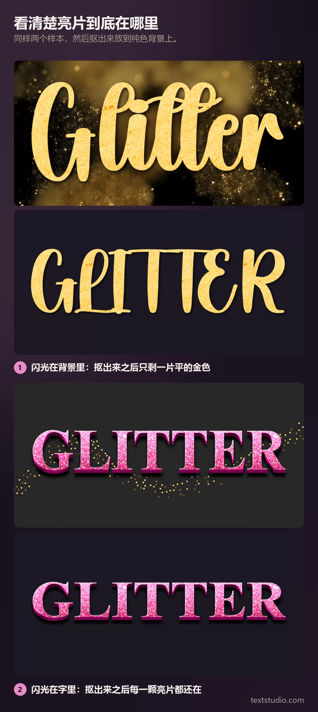 两个亮片样本，以及同样两个抠出来放到纯色背景上的结果：金色那个失去了全部闪光，变成平的一片；粉色那个完整保留了颗粒质感
