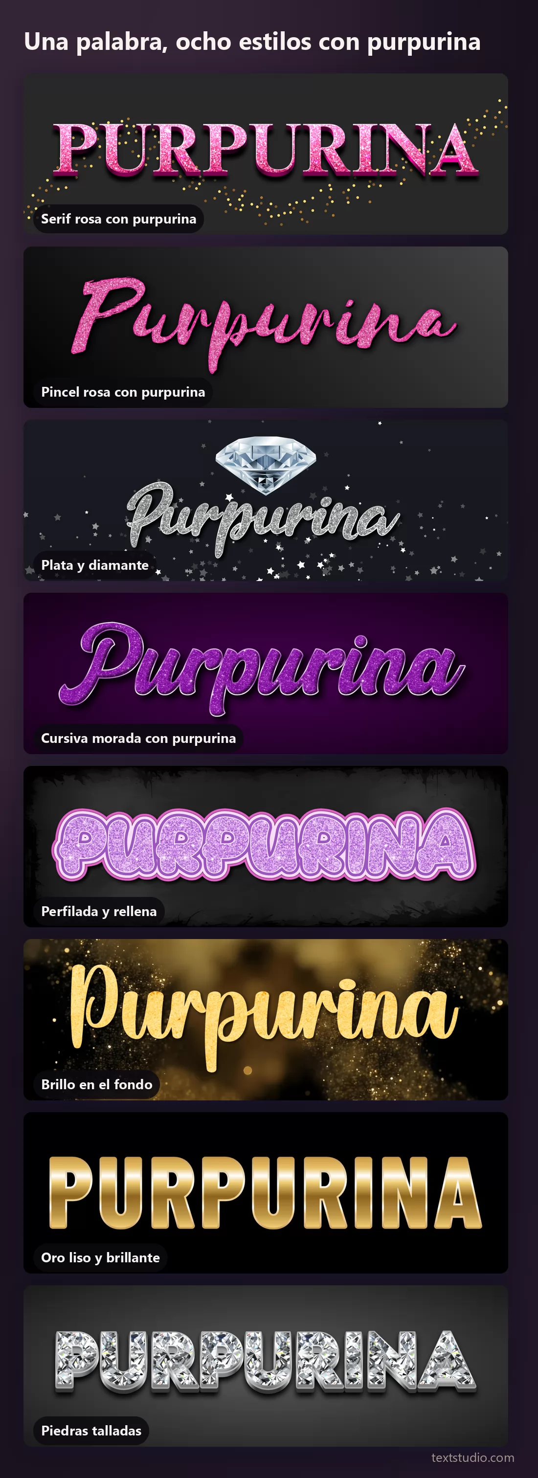 La misma palabra en ocho estilos de lettering con purpurina y metálicos apilados para compararlos, desde la serif rosa con purpurina y la plata y el morado hasta el oro liso brillante y las piedras talladas