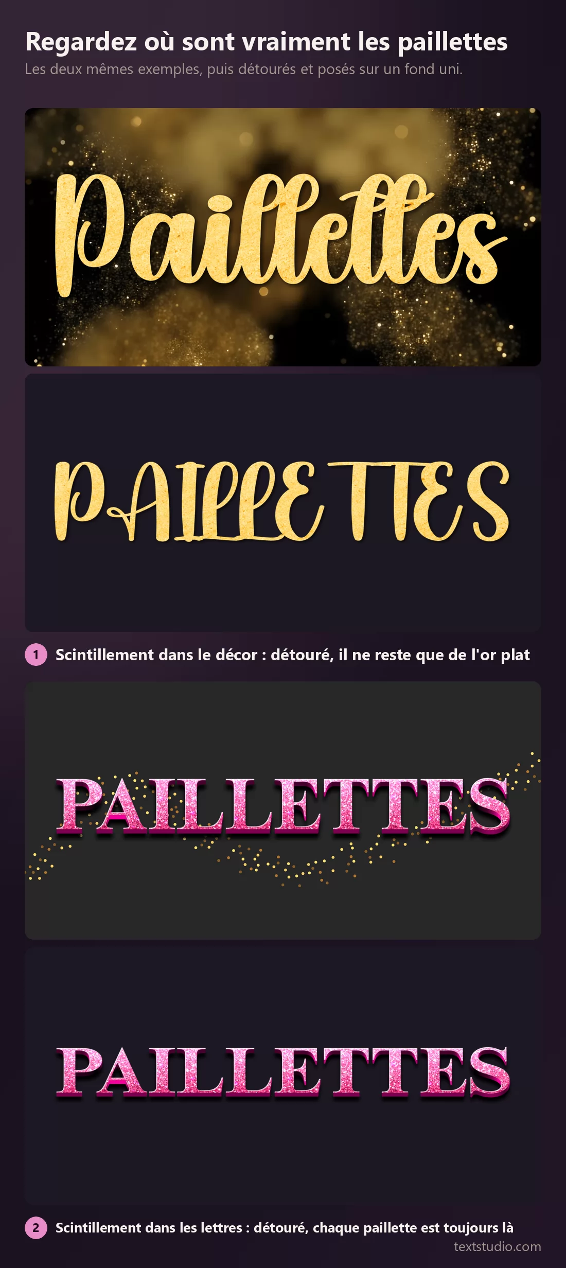 Deux exemples pailletés et les deux mêmes détourés sur un fond uni : l'or perd tout son scintillement et devient plat, le rose garde toute sa texture piquetée